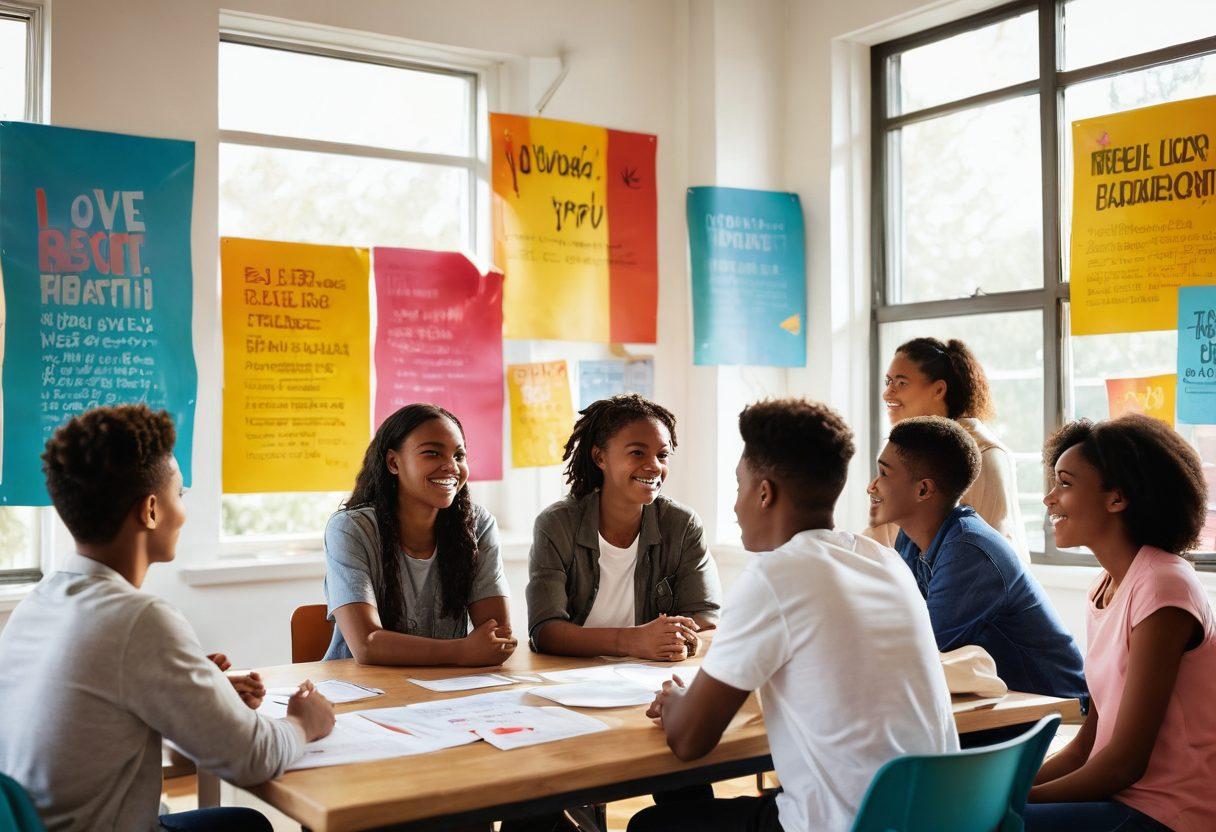An uplifting scene of diverse teenagers engaged in a love education workshop, animatedly discussing and sharing ideas. The backdrop features colorful posters promoting love, respect, and empathy, while sunlight streams in through large windows, illuminating their faces. In the foreground, a teacher stands encouragingly, guiding the vibrant exchange of thoughts. playful and bright colors enhance the uplifting atmosphere. vector art. vibrant colors. white background.