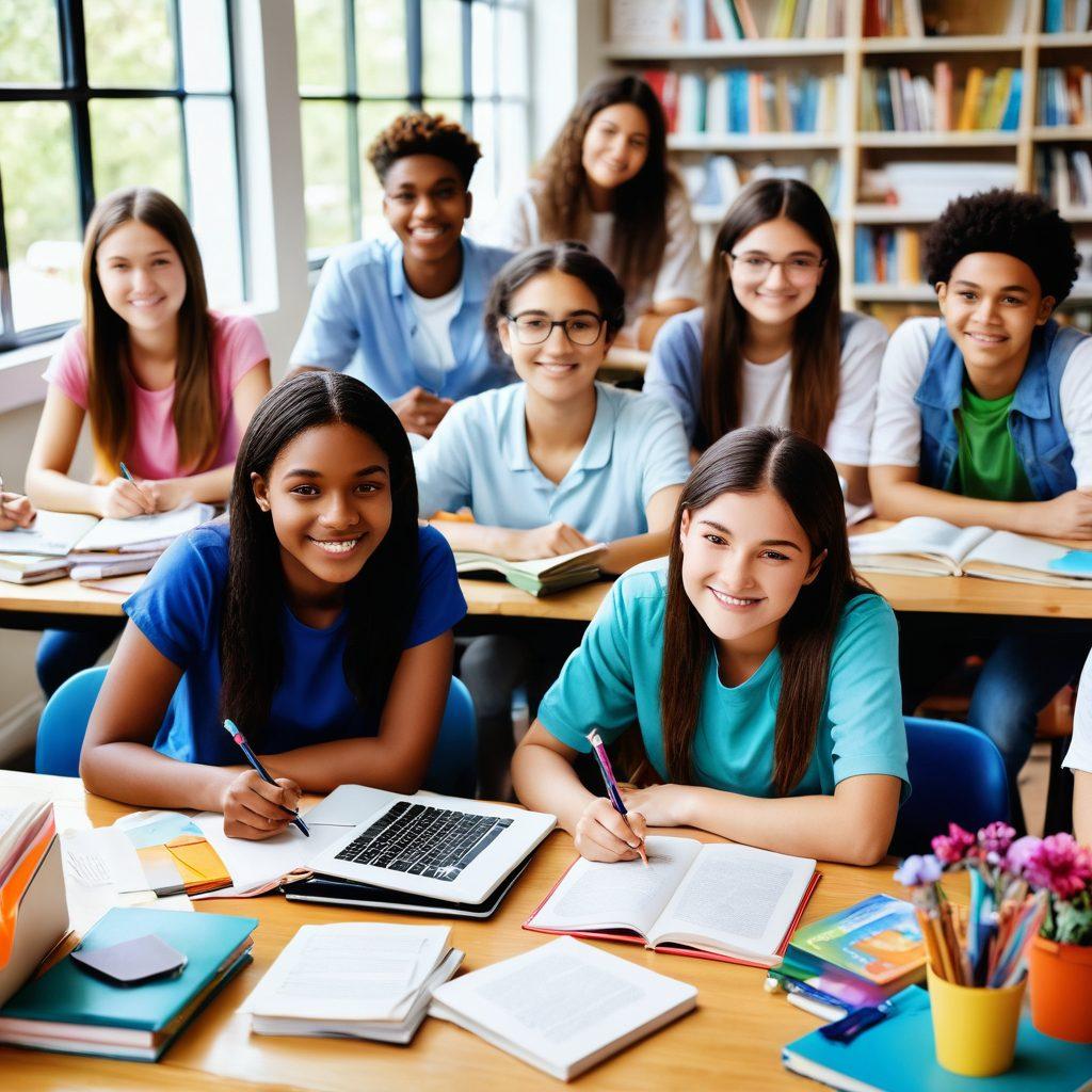 A vibrant scene showing a diverse group of teenagers engaged in various academic activities together, with colorful books, laptops, and art supplies scattered around. The background features a dreamy school environment with blooming flowers symbolizing affection. Emphasize expressions of friendship, teamwork, and passion for learning. The overall atmosphere should radiate warmth and positivity. super-realistic. vibrant colors. soft focus.