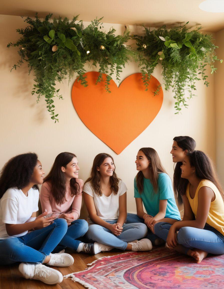 A warm and inviting scene of a diverse group of adolescents engaged in a love education workshop, showcasing open discussions, group activities, and supportive interactions. Soft, natural lighting enhances a cozy atmosphere, while subtle elements like heart-shaped decorations and inspirational quotes on the walls symbolize emotional growth. The backdrop features lush greenery, representing growth and connection. super-realistic. vibrant colors. soft focus.